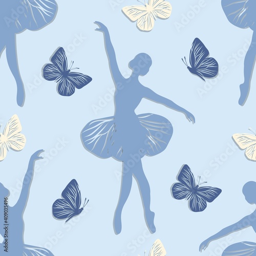 Seamless pattern with dancing girl and butterflies