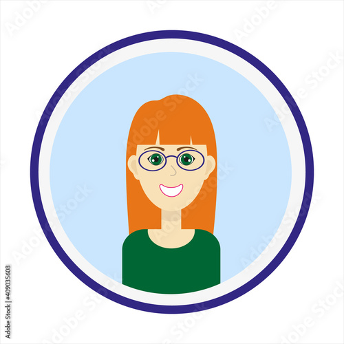 Female avatar. Cute woman’s portrait on blue background. Smiling girl face with red long hair, green eyes and glasses. Isolated vector illustration.
