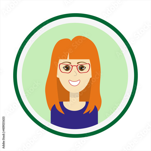 Female avatar. Cute woman’s portrait on green background. Smiling girl face with red long hair, brown eyes and glasses. Isolated vector illustration.