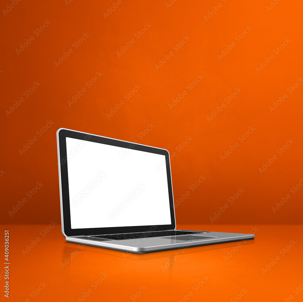 Laptop computer on orange office scene background Laptop computer on orange office scene background
