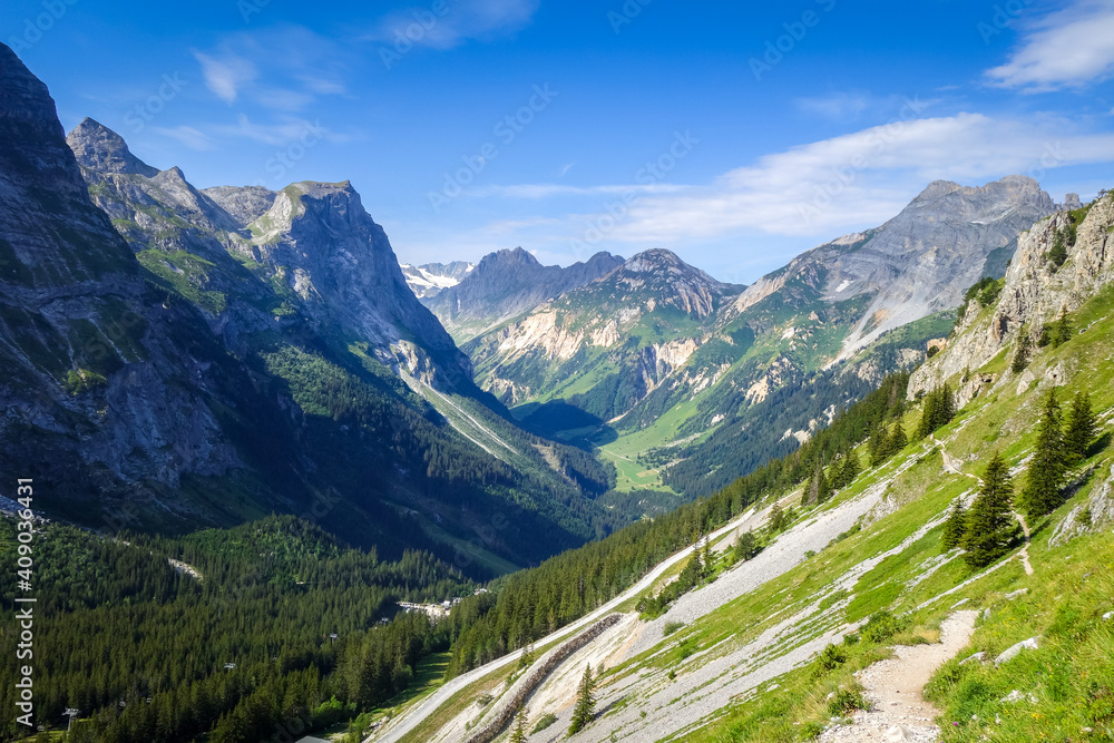 Mountain and hiking path landscape in French alps