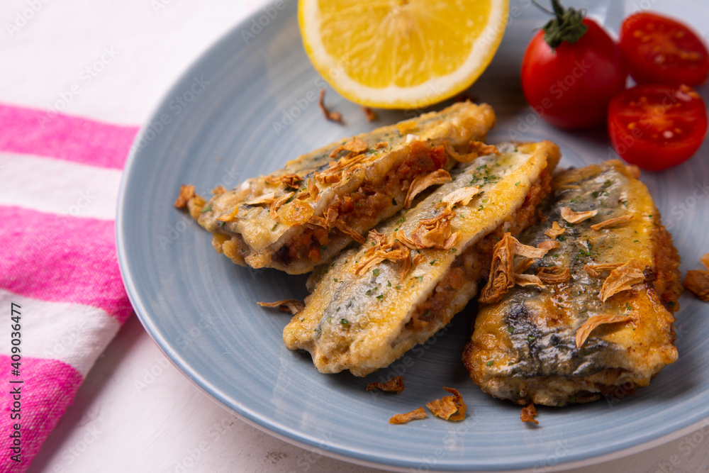Traditional spanish Tapa Stuffed boquerones from south of Spain. Traditional spanish Tapa Stuffed boquerones from south of Spain.
