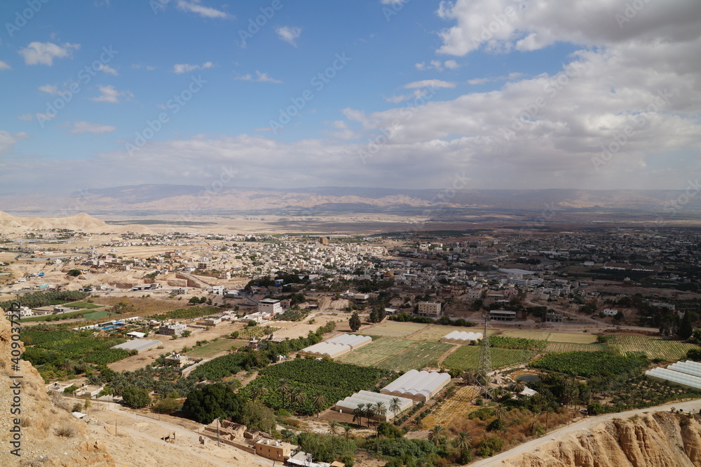 View of the Jordan, the land of Jordan, and the Dead Sea from Jericho