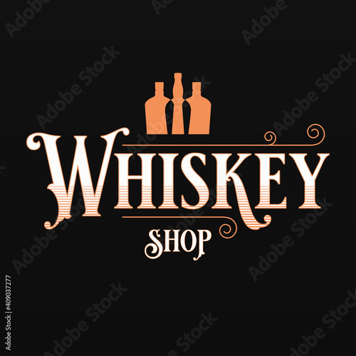 Whisky or whiskey shop logo with whiskey bottles