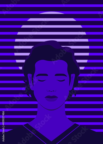 A young man is sad. A guy with his eyes closed. Insomnia and depression. Vector illustration in flat style.