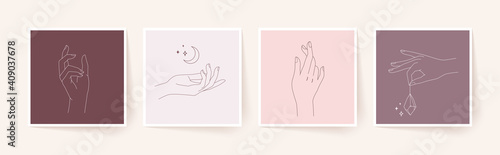 Set of female hands in minimal linear style. Modern single line art. Vector illustration.