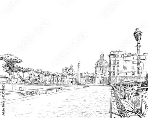 The Trajan's Column. Roman forum. Rome. Italy. Hand drawn city sketch. Vector illustration.