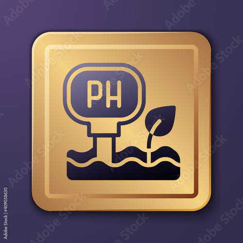 Purple Soil ph testing icon isolated on purple background. PH earth test. Gold square button. Vector.