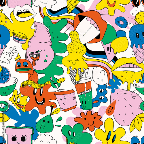 Bright themed vector seamless pattern of hilarious abstract characters