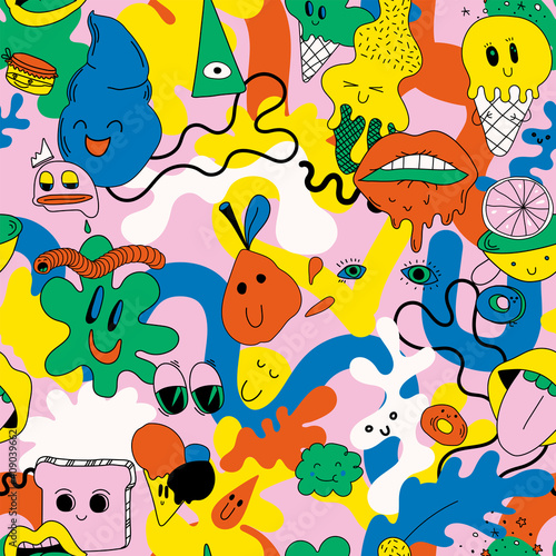 Bright themed vector seamless pattern of hilarious abstract characters