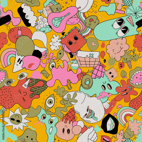 Bright themed vector seamless pattern of hilarious abstract characters