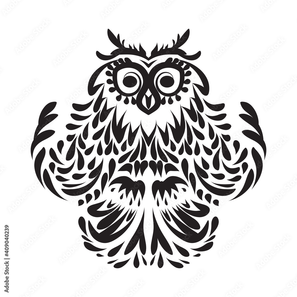 Owl with open wings. Black and white tattoo of eagle owl, front view. Vector illustration. Ornamental style for mascot or another design.