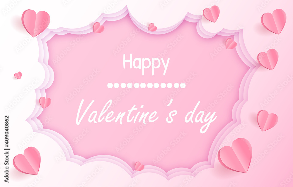 Paper cut elements in shape of heart flying on clouds. pink and sweet background. Vector symbols of love for Happy Valentine's Day,  greeting card design.