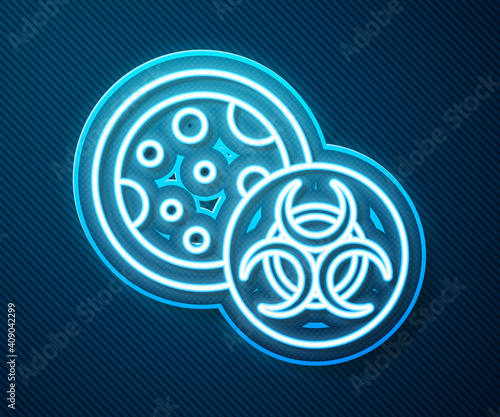 Glowing neon line GMO icon isolated on blue background. Genetically modified organism acronym. Dna food modification. Vector.