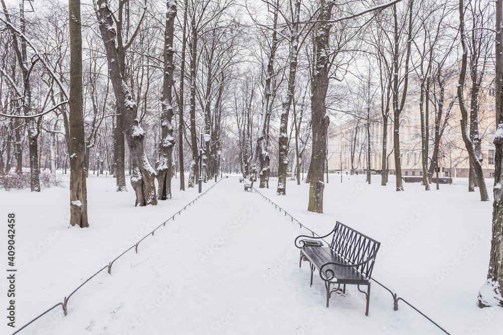 Mikhailovsky Garden and it’s snowy path with benches in winter.
