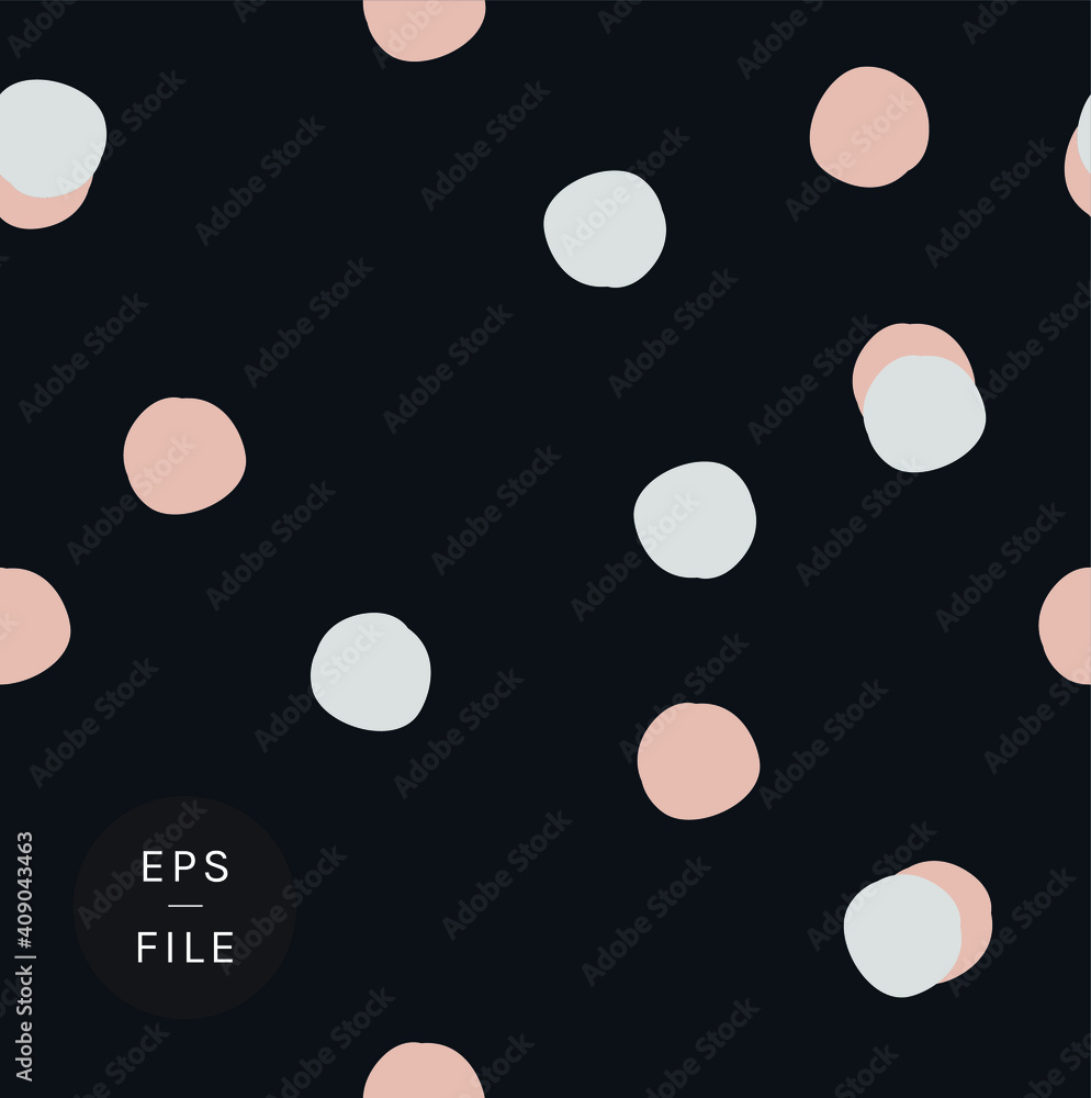 Hand drawn irregular polka dots circles seamless pattern vector. Irregular layout random composition trendy timeless design. Elegant navy light blue stylish off white pink color. Classic with a twist. Hand drawn irregular polka dots circles seamless pattern vector. Irregular layout random composition trendy timeless design. Elegant navy light blue stylish off white pink color. Classic with a twist.