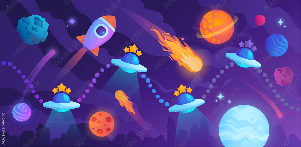 Game level map with spaceship and alien flying saucers, cartoon 2d gui ...