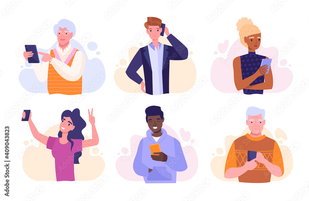 People using smartphones, chatting, making selfie. Young adult and elderly persons using smart phones. Set of female and male characters isolated on white background. Flat cartoon vector illustration People using smartphones, chatting, making selfie. Young adult and elderly persons using smart phones. Set of female and male characters isolated on white background. Flat cartoon vector illustration
