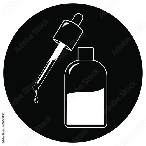 luxury Serum bottle and pipette with falling drop. Liquid argan oil  or hyaluronic acid for face, body and hair growth, skin care product vector illustration black and white logo