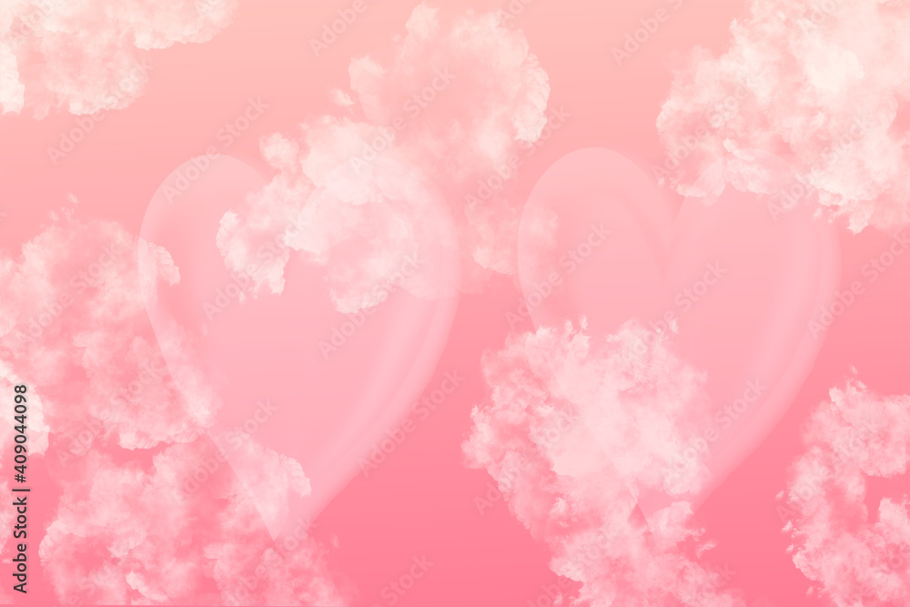 Pink sky background with white clouds and hearts. Valentines day.