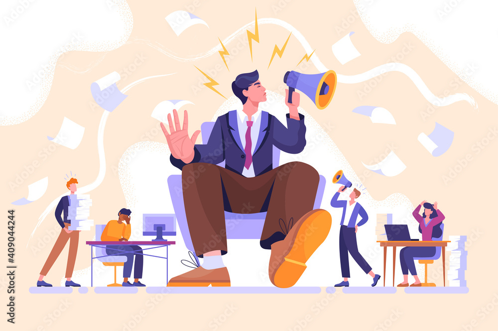 Arrogance or selfish management concept. Bossy manager doesnt listen to  subordinates opinion. People shout out for haughty boss sitting in chair  with megaphone. Flat cartoon vector illustration Stock Vector | Adobe Stock