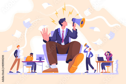 Arrogance or selfish management concept. Bossy manager doesnt listen to subordinates opinion. People shout out for haughty boss sitting in chair with megaphone. Flat cartoon vector illustration photo