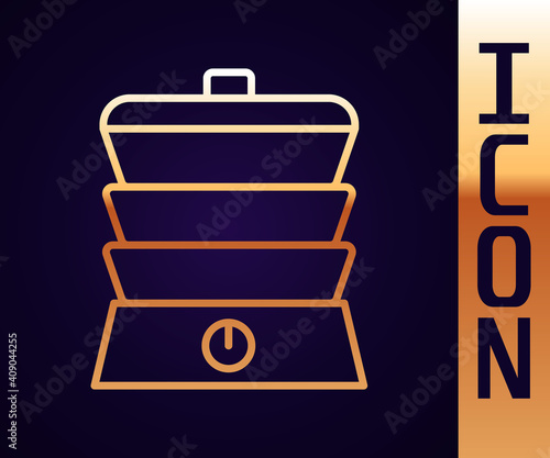 Gold line Slow cooker icon isolated on black background. Electric pan. Vector.