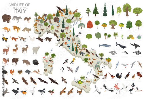 Isometric 3d design of Italy wildlife. Animals, birds and plants constructor elements isolated on white set. Build your own geography infographics collection © a7880ss