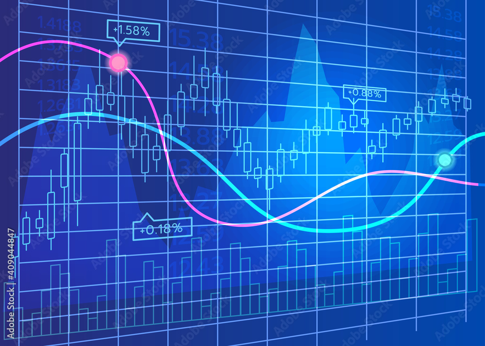 Business candle stick graph blue line chart of stock market Business candle stick graph blue line chart of stock market