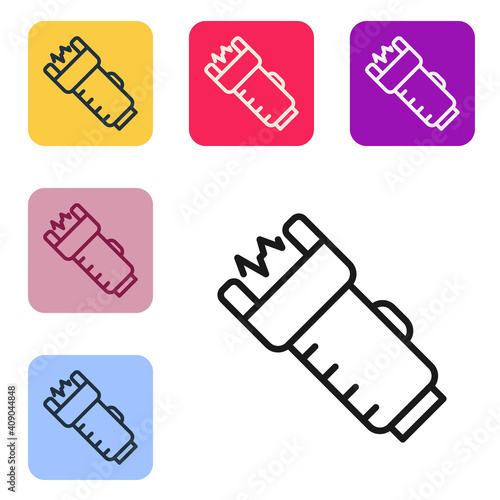 Black line Police electric shocker icon isolated on white background. Shocker for protection. Taser is an electric weapon. Set icons in color square buttons. Vector.