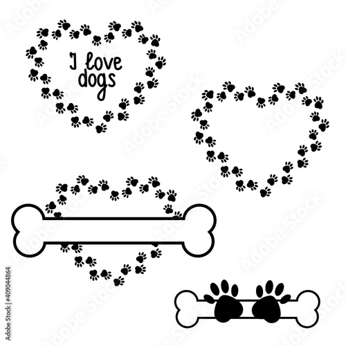 Set of Heart Shape Dog Trail Frame  Black Stencil  Vector Isolated Illustration  Design  Decoration  Trail Print