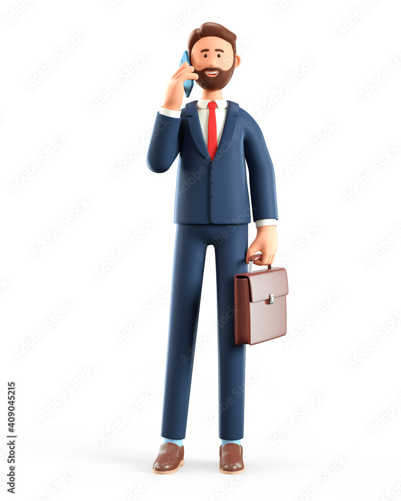 3D illustration of standing happy man talking on the phone. Cute cartoon  smiling bearded businessman using smartphone and holding briefcase,  isolated on white. Stock Illustration | Adobe Stock