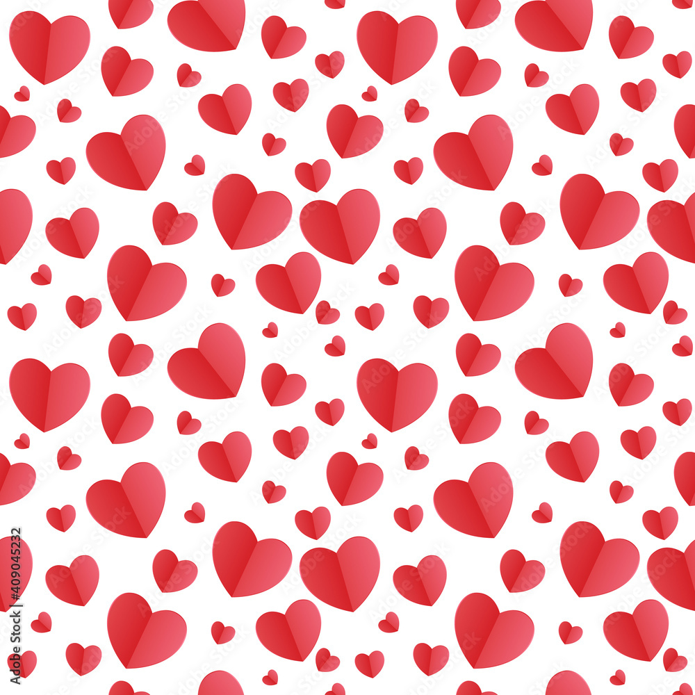 Vector seamless pattern with red paper cut hearts on white background. Paper cut hearts seamless pattern. Background for Happy Valentine's Day, Mother's Day, Women's Day, birthday, wedding.
