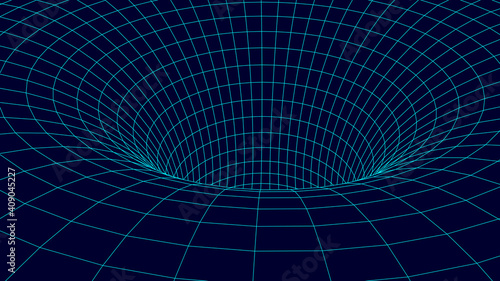 Futuristic blue funnel. Wireframe space travel tunnel. Abstract blue wormhole with surface warp. Vector illustration.