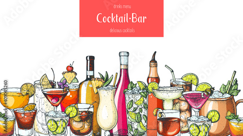 Alcoholic cocktail. Hand drawn vector illustration. Hand drawn drinks illustration. Cocktails set. Menu design elements.