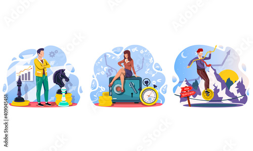 Business opportunity abstract concept. Key to success, decision making, problem solving, abstract metaphor. Set of flat cartoon vector illustrations isolated on white background. Abstract metaphor
