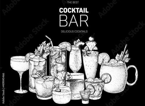 Alcoholic cocktail sketch. Hand drawn vector illustration. Hand drawn drinks illustration. Cocktails set. Menu design elements.