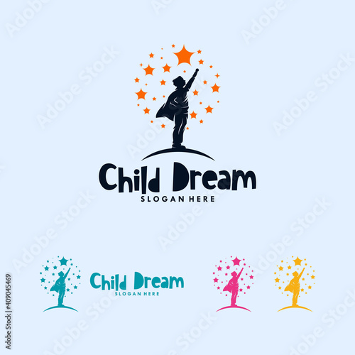 Super hero boy reaching stars logo design