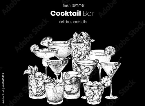 Alcoholic cocktails sketch. Hand drawn vector illustration. Hand drawn drinks illustration. Cocktails set. Menu design elements.