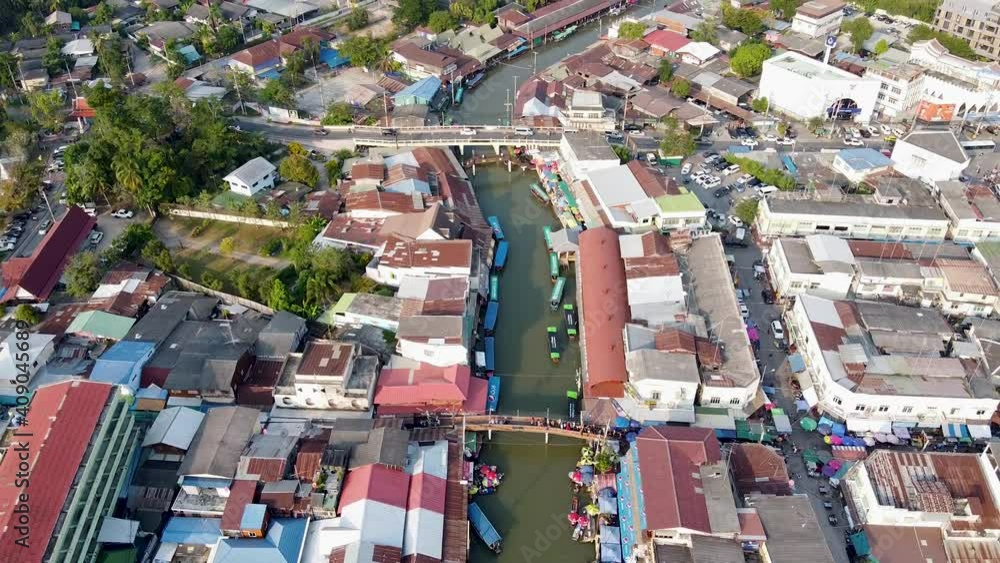 AMPHAWA, THAILAND - DECEMBER 15, 2019: Aerial view of famous floating market near Bangkok AMPHAWA, THAILAND - DECEMBER 15, 2019: Aerial view of famous floating market near Bangkok