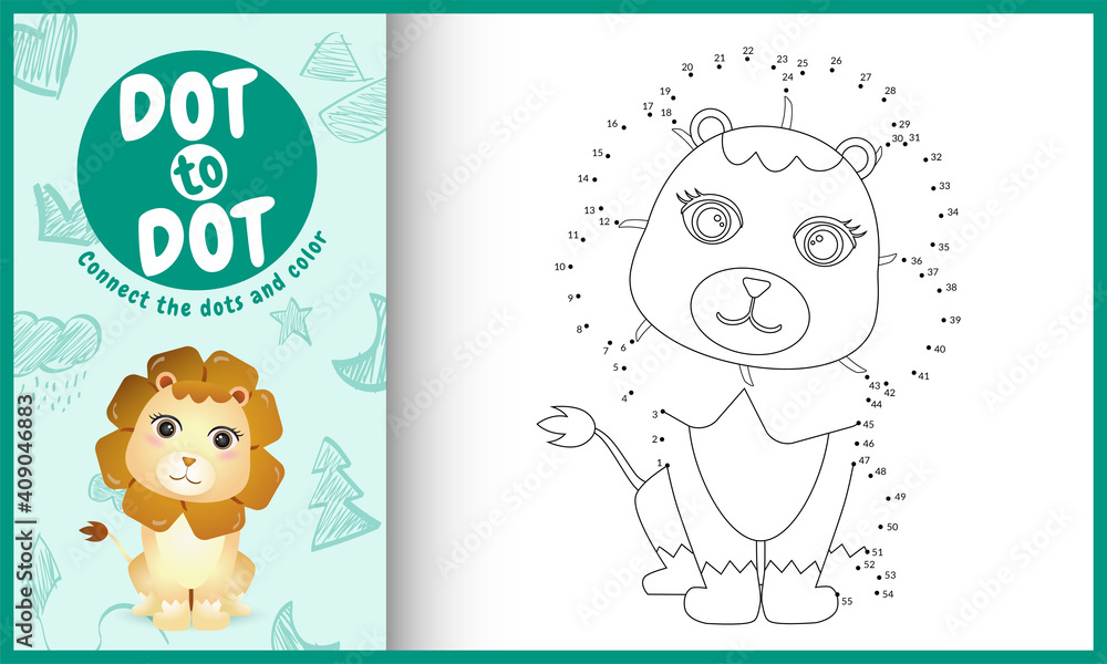 Connect the dots kids game and coloring page with a cute lion character illustration Connect the dots kids game and coloring page with a cute lion character illustration
