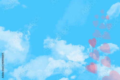 Blue sky with white clouds, hearts and clouds . Digital art painting design elements for Valentine’s Day.