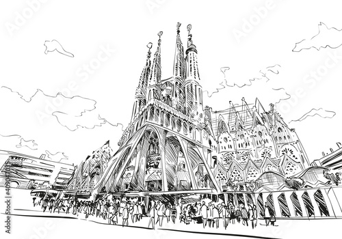 Atoning Temple of the Sagrada Familia. Spain. Barcelona. Hand drawn city sketch. Vector illustration.