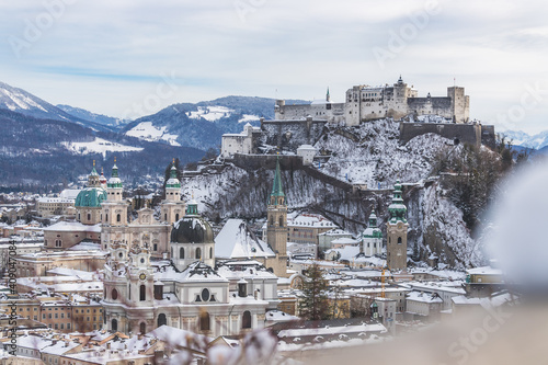 Panorama of Salzburg in winter: Snowy historical center and old city