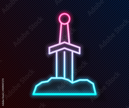 Glowing neon line Sword in the stone icon isolated on black background. Excalibur the sword in the stone from the Arthurian legends. Vector.