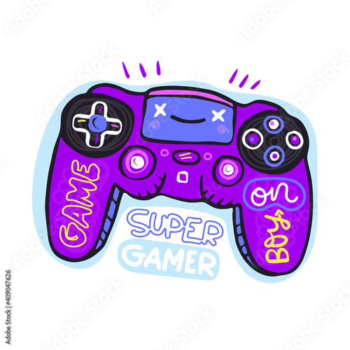 Vector illustration. Nice joystick. Print design for kids t-shirt. Gamepad on a white background. Kawaii style.