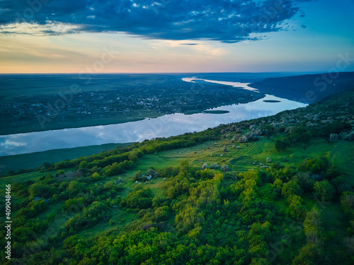 Beautiful view over the river on a sunrise. Outdoor recreation. Dniester panorama.