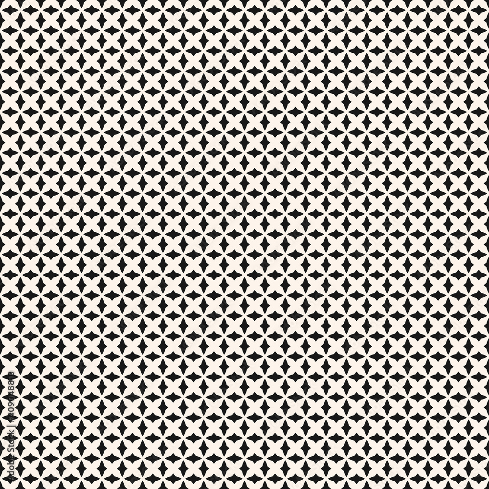 Black and white geometric seamless pattern with small curved shapes, diamonds, grid, mesh, net, repeat tiles. Elegant minimal texture. Simple monochrome background. Repeated design for decor, prints