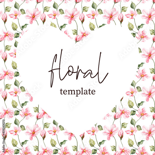 Card template with hand painted watercolor pink flowers