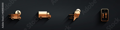 Set Fast delivery by car, , Online ordering ice cream and and icon with long shadow. Vector.